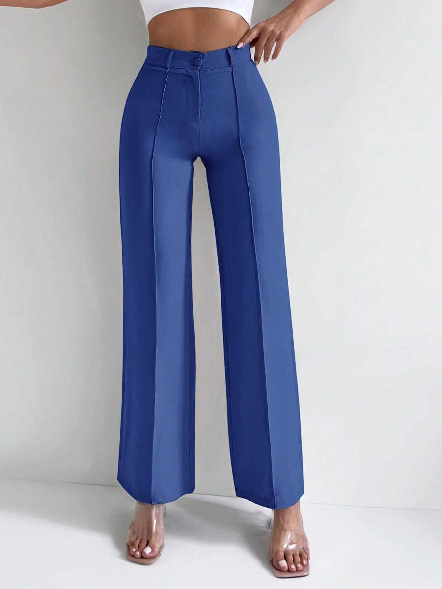 RueChic High Waist Seam Detail Straight Leg Suit Pants - Blue - View 1