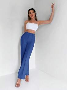 RueChic High Waist Seam Detail Straight Leg Suit Pants - Blue - View 3