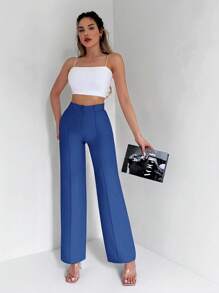 RueChic High Waist Seam Detail Straight Leg Suit Pants - Blue - View 5