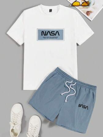 Guys Letter Graphic Tee & Drawstring Waist Shorts
