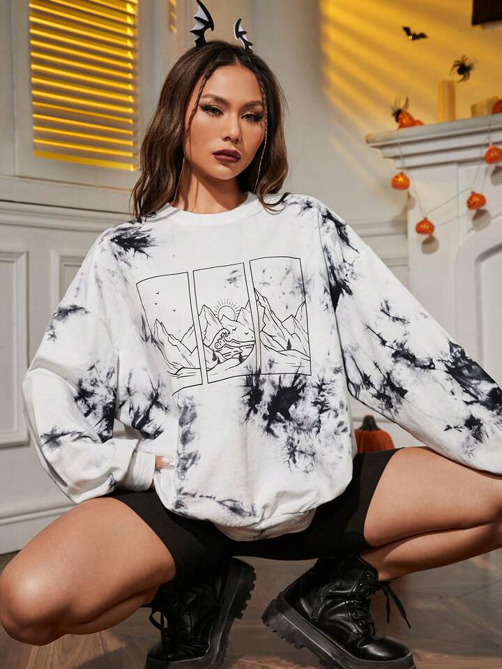 SHEIN EZwear Halloween Tie Dye Sun Print Drop Shoulder Sweatshirt | SHEIN  USA