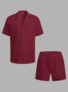 SHEIN Men Contrast Piping PJ Set - Burgundy - View 5