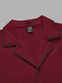 SHEIN Men Contrast Piping PJ Set - Burgundy - View 6