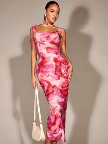 SHEIN BAE Floral Print Split Back Bodycon Dress - Multicolor - View 3