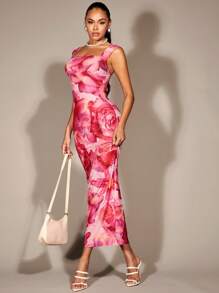 SHEIN BAE Floral Print Split Back Bodycon Dress - Multicolor - View 5
