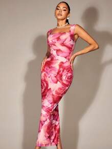 SHEIN BAE Floral Print Split Back Bodycon Dress - Multicolor - View 2