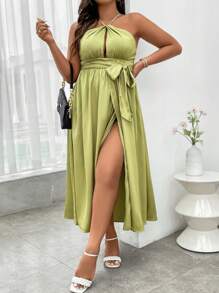 SHEIN Holidaya 大碼鏤空高衩腰帶掛脖連衣裙 - 青檸色 - 查看 2