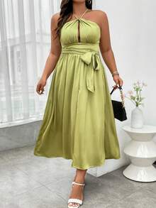 SHEIN Holidaya 大碼鏤空高衩腰帶掛脖連衣裙 - 青檸色 - 查看 4