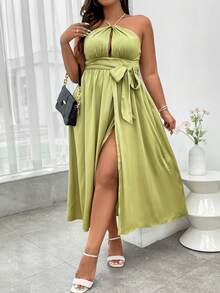 SHEIN Holidaya 大碼鏤空高衩腰帶掛脖連衣裙 - 青檸色 - 查看 7