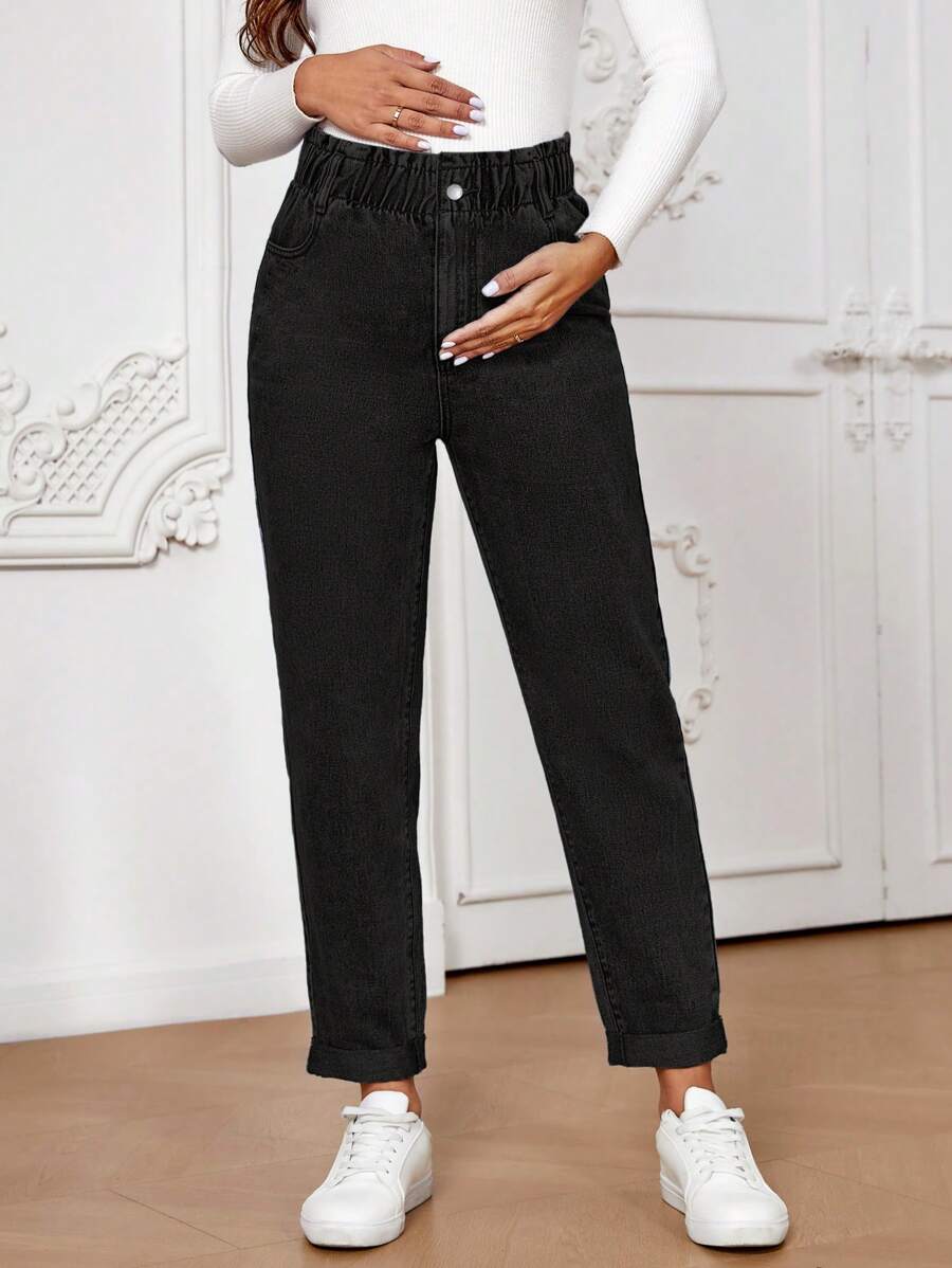 SHEIN 孕婦紙袋腰錐形牛仔褲 - 黑色 - 查看 1