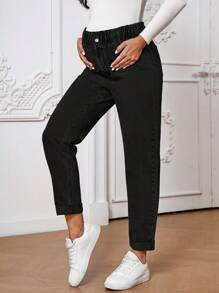 SHEIN 孕婦紙袋腰錐形牛仔褲 - 黑色 - 查看 5