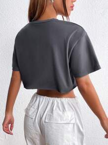 SHEIN Unity Letter Graphic Drop Shoulder Crop Tee - Dark Grey - View 2