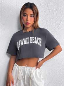 SHEIN Unity Letter Graphic Drop Shoulder Crop Tee - Dark Grey - View 4