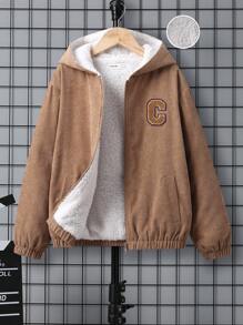 SHEIN Tween Boy Letter Patched Detail Teddy Lined Hooded Jacket - Khaki - View 1