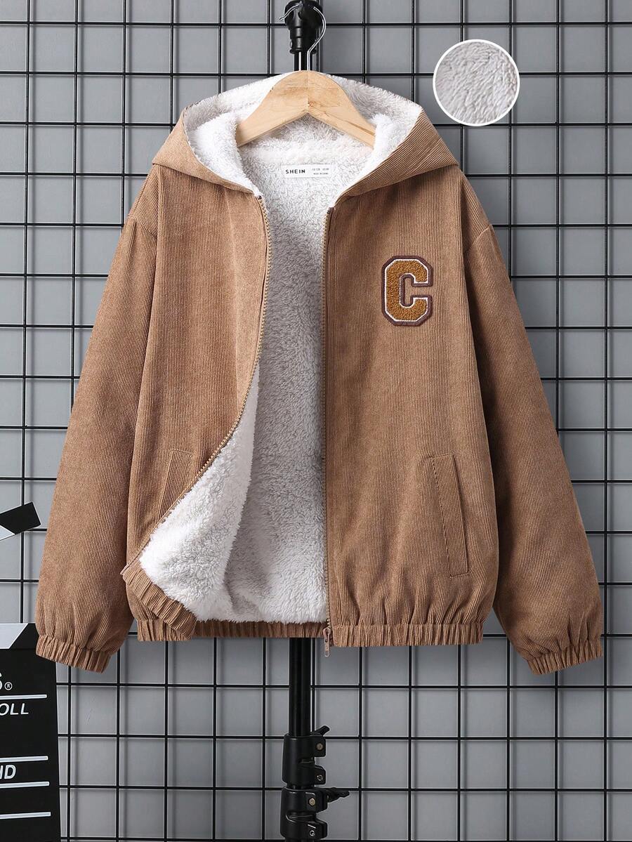 SHEIN Tween Boy Letter Patched Detail Teddy Lined Hooded Jacket - Khaki - View 1