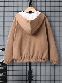 SHEIN Tween Boy Letter Patched Detail Teddy Lined Hooded Jacket - Khaki - View 2