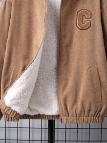 SHEIN Tween Boy Letter Patched Detail Teddy Lined Hooded Jacket - Khaki - View 3