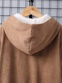 SHEIN Tween Boy Letter Patched Detail Teddy Lined Hooded Jacket - Khaki - View 9