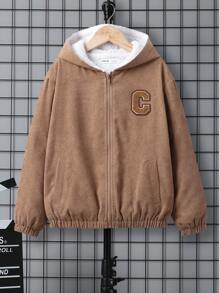 SHEIN Tween Boy Letter Patched Detail Teddy Lined Hooded Jacket - Khaki - View 10
