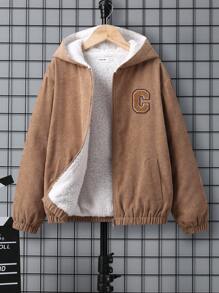 SHEIN Tween Boy Letter Patched Detail Teddy Lined Hooded Jacket - Khaki - View 11