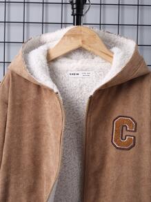 SHEIN Tween Boy Letter Patched Detail Teddy Lined Hooded Jacket - Khaki - View 12