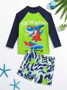 Young Boy Cartoon Shark Print Beach Swimsuit - Green - View 1