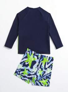 Young Boy Cartoon Shark Print Beach Swimsuit - Green - View 2