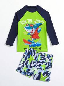 Young Boy Cartoon Shark Print Beach Swimsuit - Green - View 4