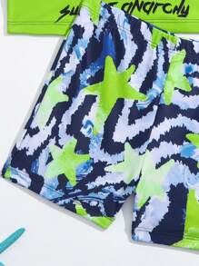 Young Boy Cartoon Shark Print Beach Swimsuit - Green - View 5