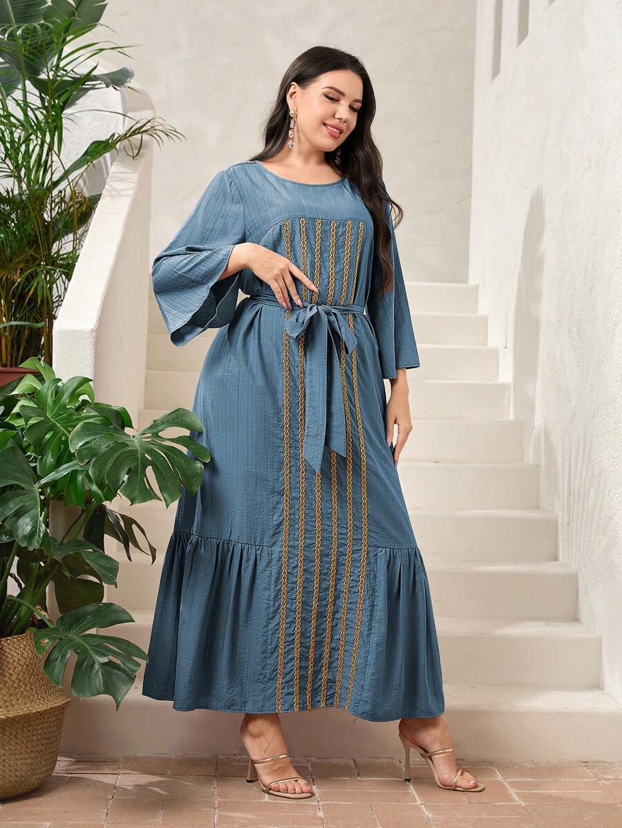 Mulvari Plus Tape Detail Ruffle Hem Belted Dress - Dusty Blue - View 1