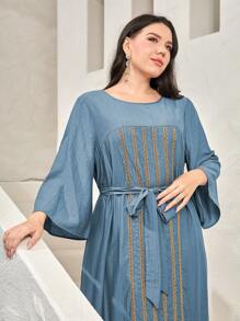 Mulvari Plus Tape Detail Ruffle Hem Belted Dress - Dusty Blue - View 5