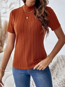 SHEIN Clasi 小高領條紋針織T恤 - 亮橙色 - 查看 4