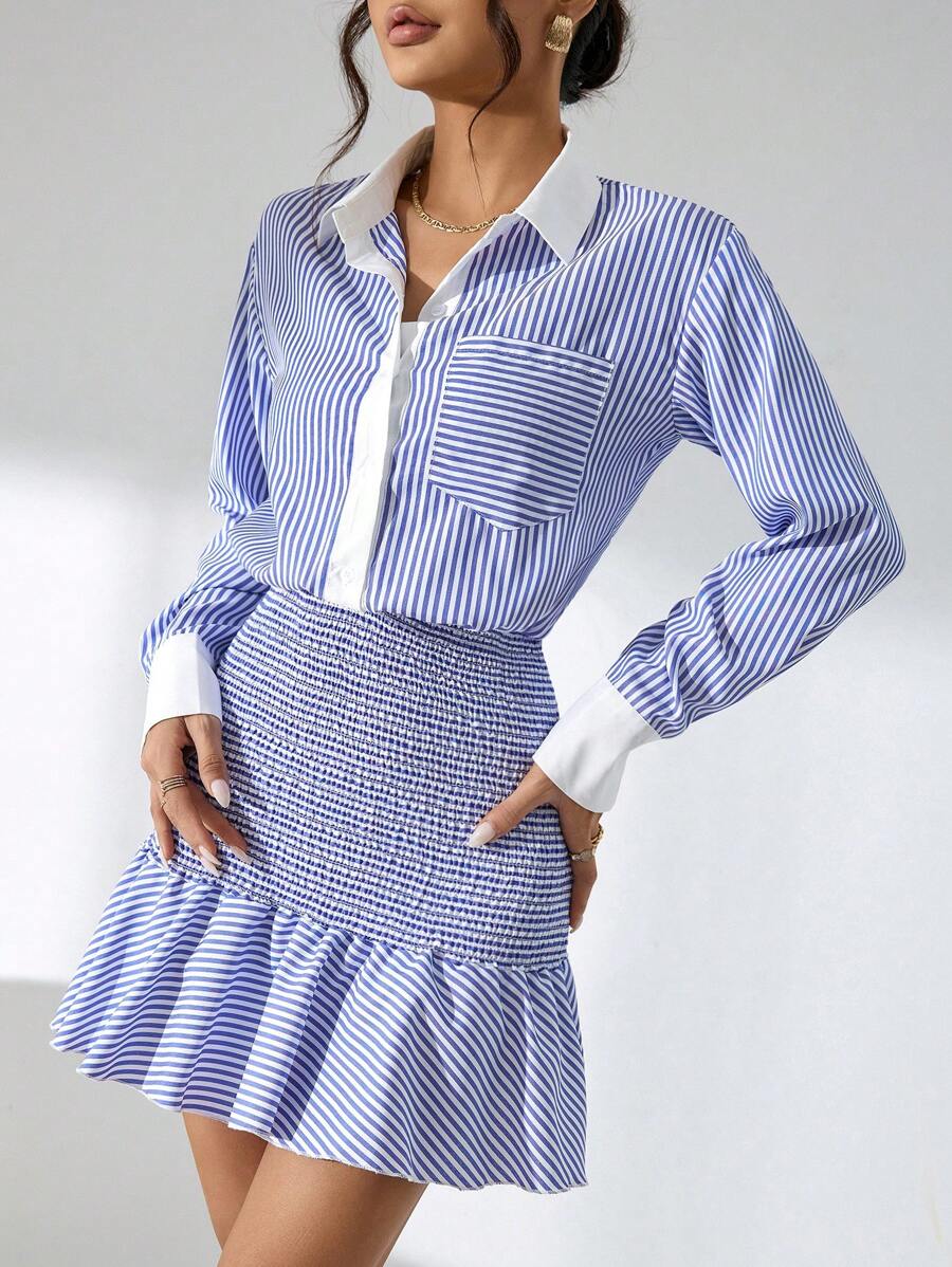 GENKIRA Striped Print Ruffle Hem Shirt Dress - Multicolor - View 1