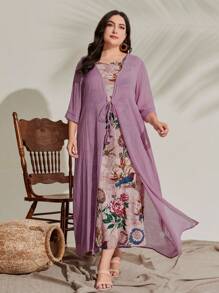 Mulvari 休閒前綁帶蝴蝶結花卉印花大碼兩件套裝 - 紫丁香色 - 查看 1