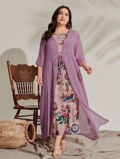 Mulvari 休閒前綁帶蝴蝶結花卉印花大碼兩件套裝