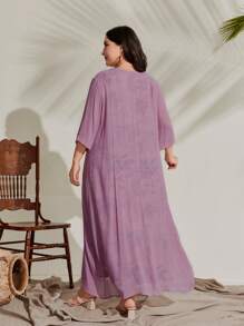 Mulvari 休閒前綁帶蝴蝶結花卉印花大碼兩件套裝 - 紫丁香色 - 查看 2