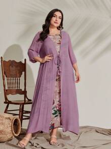 Mulvari 休閒前綁帶蝴蝶結花卉印花大碼兩件套裝 - 紫丁香色 - 查看 3