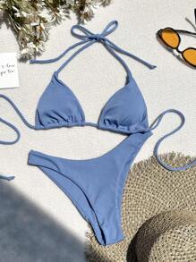Swim Vcay Summer Beach Halter Triangle High Cut Bikini Set - Dusty Blue - View 6