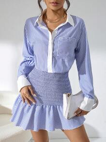 GENKIRA Striped Print Ruffle Hem Shirt Dress - Multicolor - View 5