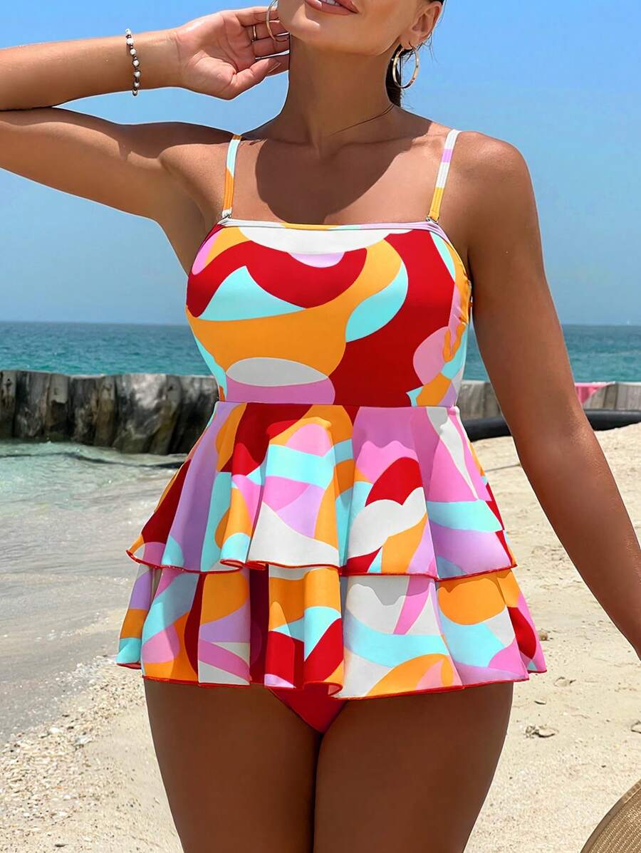 分层荷叶边下摆比基尼夏季海滩 - 紅色 - 查看 1