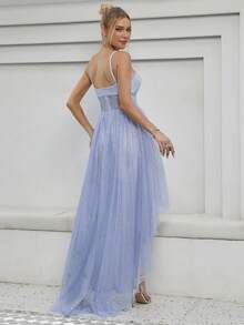 Mesh Overlay High Low Hem Party Dress