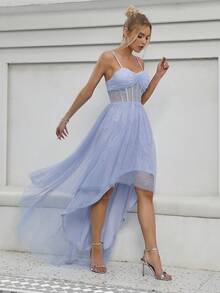 Mesh Overlay High Low Hem Party Dress