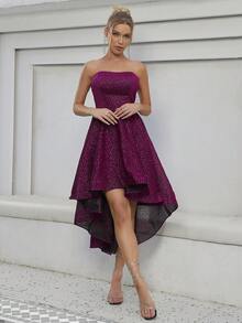 High Low Hem Tube Party Dress Semi Formal Dress - Hot Pink - View 3