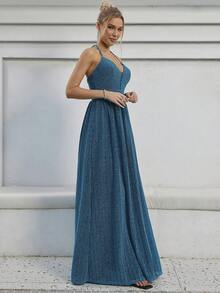 Tie Backless Glitter Cami Party Dress - Teal Blue - View 3