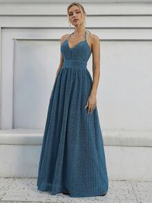 Tie Backless Glitter Cami Party Dress - Teal Blue - View 4