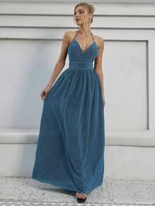 Tie Backless Glitter Cami Party Dress - Teal Blue - View 6