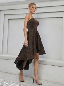 High Low Hem Tube Party Dress - Coffee Brown - View 1