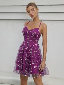 花卉刺繡網紗覆蓋吊帶洋裝 - 紫色 - 查看 4