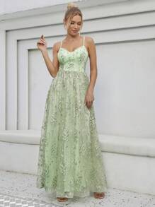 Contrast Sequin Mesh Overlay Cami Bridesmaid Dress - Mint Green - View 6