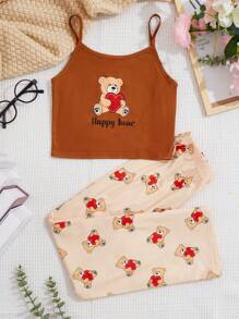 SHEIN 女大童熊和字母圖案吊帶上衣和褲子睡衣套裝 - 彩色 - 查看 1